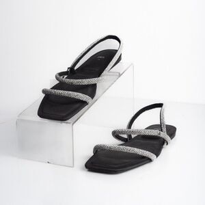 Zara Womens Black Strappy Rhinestone Slingback Flat Sandals Sz US 7.5 EU 38